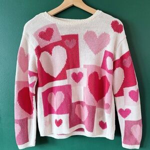 Vintage 90s TALBOTS Sweater Hand Knit Heart Print Cotton Linen Small Pink Red